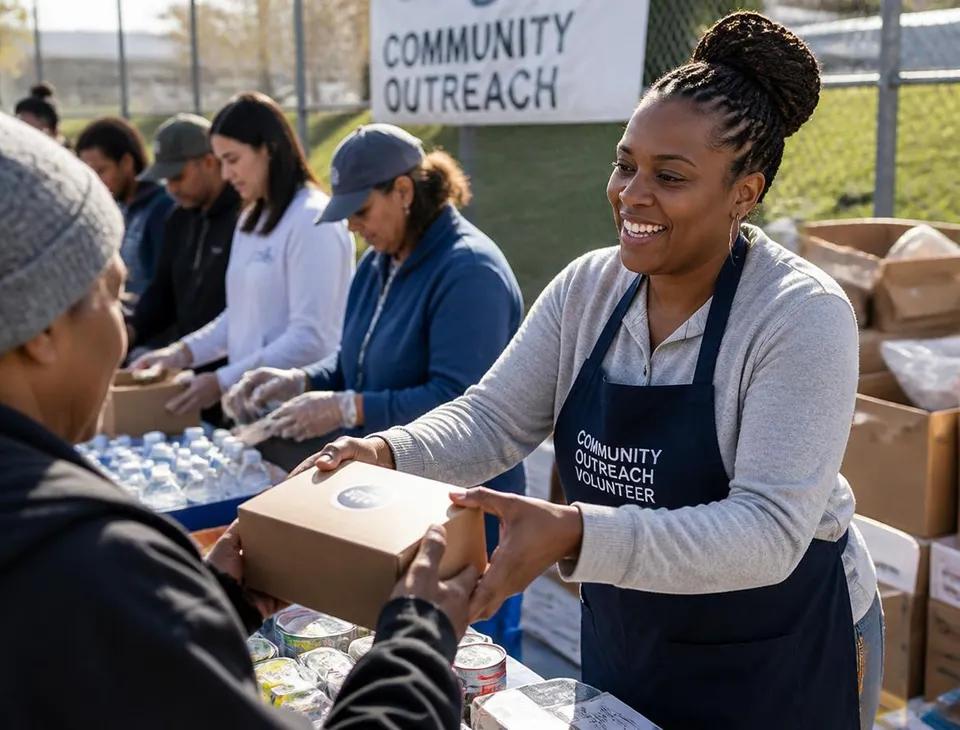 Volunteers handing out food boxes at a community distribution